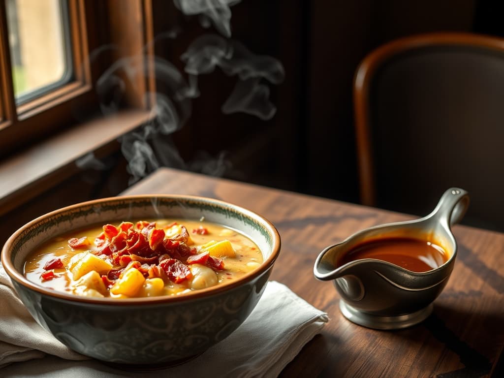 Schalen andijviestamppot met jus en krokante spekjes, gestoomd op tafel.