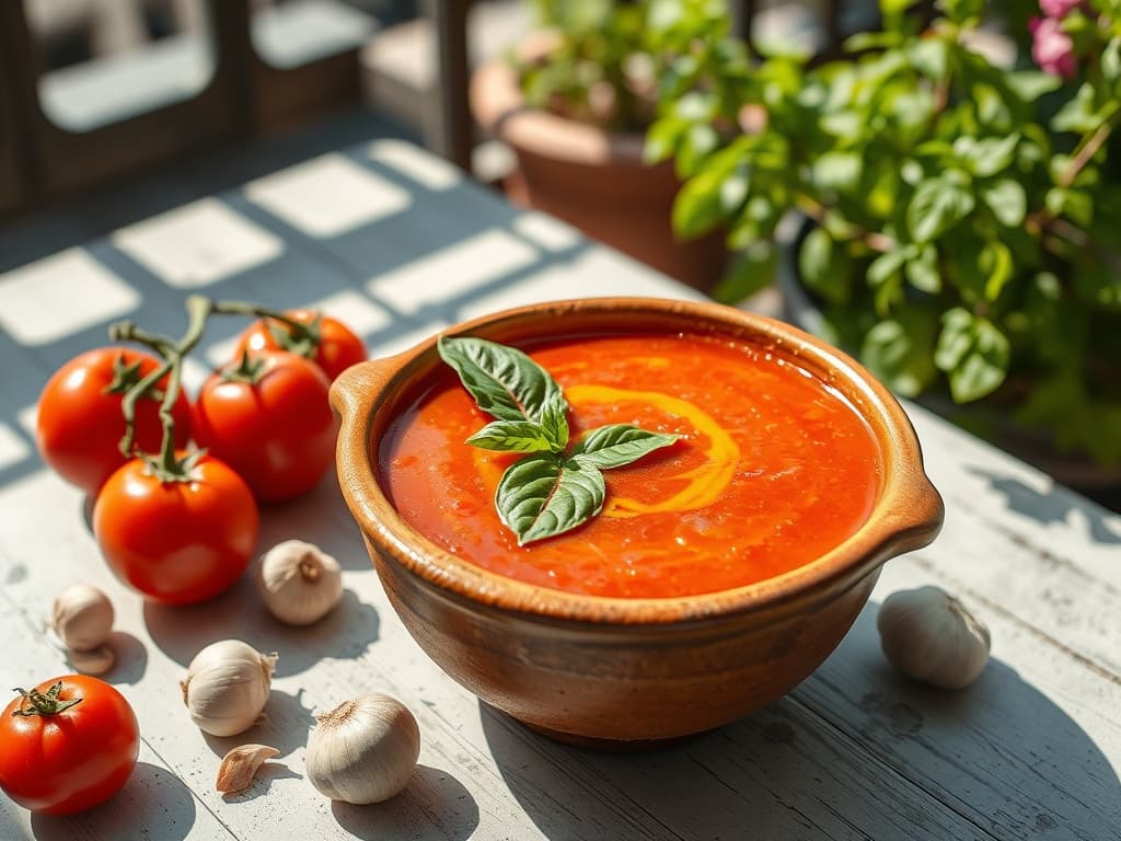 Kom koude tomatensoep met basilicum en een scheutje olijfolie, fris op tafel.