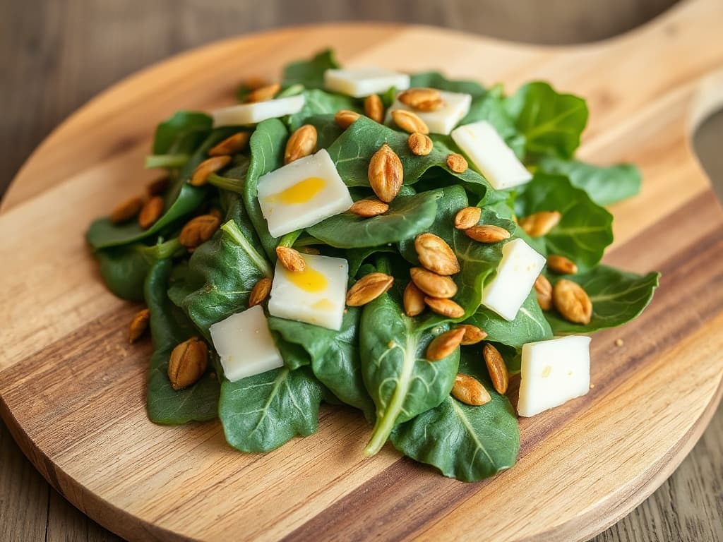 Schaal raapstelen-salade met mosterddressing en geroosterde pitten, fris op een houten plank.
