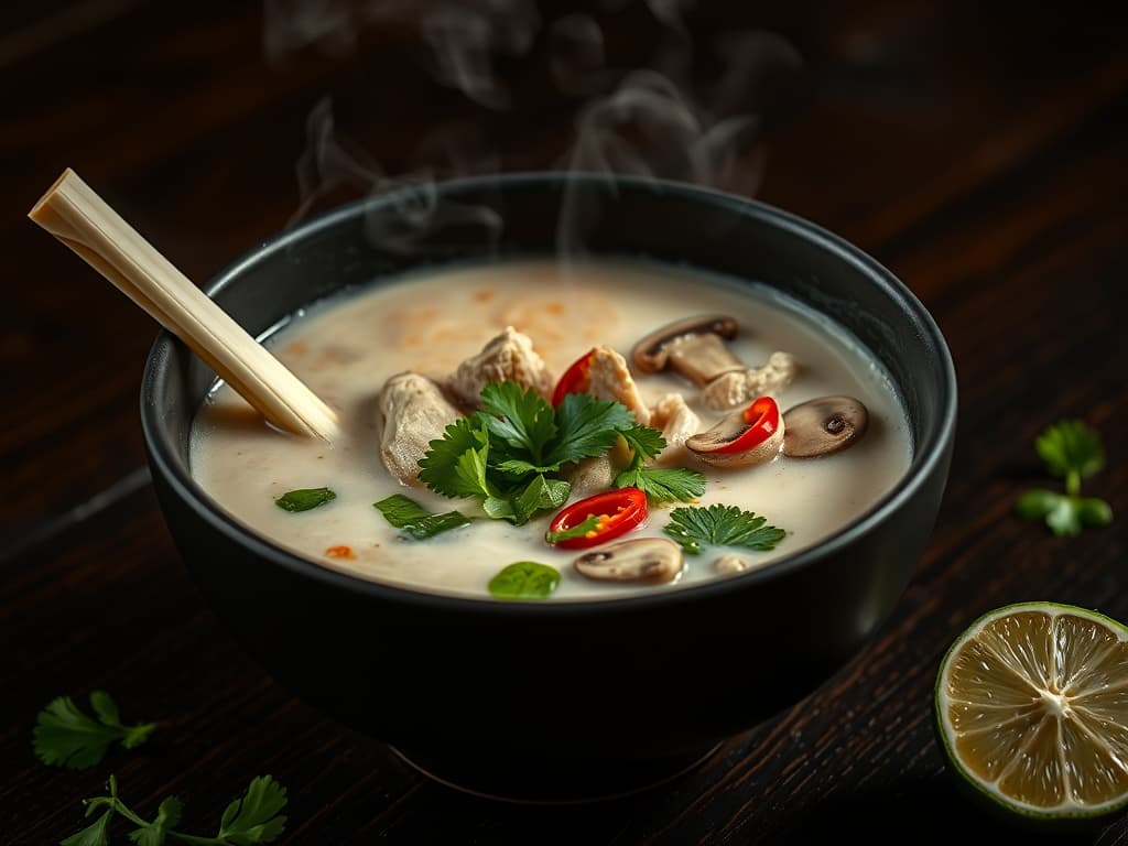 Kom tom kha gai met kip, koriander en rode peper, dampend op een donker dienblad.